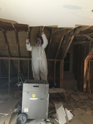 Attic Remediation - This attic remediation was a fun one. The customer had raccoons for years in the attic and walls on the top floor their home. Half of the electrical was not working and the ductwork had been destroyed. Due to it being vaulted we had to remove all of the drywall to access it. We removed all drywall, soiled insulation, duct work and feces. Then disinfected and coated everything in an encapsulant paint. Once we got it all clean a contractor came in and put all new back in.