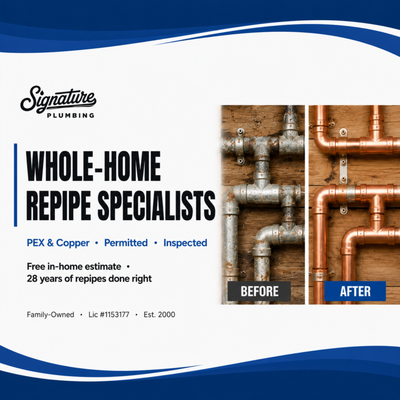 Whole-Home Repiping — PEX & Copper, Permitted, Inspected, Free In-Home Estimate (CSLB #1153177) - If your house was built before 1985 and you've never repiped, you're on borrowed time with galvanized steel, polybutylene, or thin-wall copper. Pinhole leaks, rusty water, low pressure at the far bathroom, and "we'll fix that wall later" patches — those aren't quirks. They're the early innings of a slab leak or a flooded crawlspace.
We do whole-home repipes the right way: planned, permitted, inspected, warranted.
WHAT'S INCLUDED IN A SIGNATURE REPIPE
• Complete replacement of supply lines from main shutoff to every fixture
• PEX-A or Type L copper (we'll walk you through trade-offs — neither is "better," they're different)
• New shutoff valves at every fixture (most older homes don't have them)
• New pressure-reducing valve at the main if your incoming pressure is over code
• New water hammer arrestors at washer and dishwasher hookups
• Drywall openings cut clean and minimally — we plan routing before we open a wall
• Drywall patching to ready-to-paint — your painter takes it from there
• Pulled permit + city inspection — your home's records will show the work was done
• 1-year labor warranty + manufacturer's warranty on pipe (25 years on PEX-A; lifetime on copper)
HOW WE KEEP A REPIPE LIVABLE
1. In-home estimate (free): we map every line, count fixtures, check pressure, check water quality, photograph access points.
2. Written scope + flat-rate quote: line counts, materials, opening locations, expected days, payment schedule. Nothing hidden.
3. Schedule + prep: we tell you exactly what to expect each day — which areas lose water, when, and for how long.
4. Execution: a typical 2-bath single-story repipe runs 2–3 days. Larger or multi-story homes run 3–5 days. Water back on each night.
5. Inspection + walkthrough: the city signs off, we walk you through every fixture, and we document the final pressure test.
WHY REPIPES GO WRONG WITH THE WRONG CONTRACTOR
• Unpermitted work — a disclosure problem when you sell.
• "Spot fixes" instead of full replacement — you'll be back here in 2 years for the next leak.
• Drywall destruction — bad routing decisions mean 30 holes instead of 10.
• No pressure-reducing valve when one's needed — high pressure kills new pipe just as fast as old pipe.
We avoid every one of those.
WHY SIGNATURE
✓ 25 years of repipes done right — PEX and copper, residential and small commercial
✓ Family-owned, established 2000
✓ Licensed California plumbing contractor — CSLB #1153177
✓ Permitted and inspected on every repipe — it's your record, not just ours
✓ Free in-home estimate · Upfront pricing · Satisfaction guarantee
✓ Service area: Lincoln, Roseville, Citrus Heights, Folsom, El Dorado Hills, Rocklin, Granite Bay, greater Sacramento
Tap "Request a Quote" with your home's approximate age, square footage, number of bathrooms, and what's prompting the call (leaks, pressure, water quality, planned renovation). We'll come back to schedule a free in-home walkthrough within 24 hours. Whole-Home Repiping — PEX & Copper, Permitted, Inspected, Free In-Home Estimate (CSLB #1153177) - If your house was built before 1985 and you've never repiped, you're on borrowed time with galvanized steel, polybutylene, or thin-wall copper. Pinhole leaks, rusty water, low pressure at the far bathroom, and "we'll fix that wall later" patches — those aren't quirks. They're the early innings of a slab leak or a flooded crawlspace.
We do whole-home repipes the right way: planned, permitted, inspected, warranted.
WHAT'S INCLUDED IN A SIGNATURE REPIPE
• Complete replacement of supply lines from main shutoff to every fixture
• PEX-A or Type L copper (we'll walk you through trade-offs — neither is "better," they're different)
• New shutoff valves at every fixture (most older homes don't have them)
• New pressure-reducing valve at the main if your incoming pressure is over code
• New water hammer arrestors at washer and dishwasher hookups
• Drywall openings cut clean and minimally — we plan routing before we open a wall
• Drywall patching to ready-to-paint — your painter takes it from there
• Pulled permit + city inspection — your home's records will show the work was done
• 1-year labor warranty + manufacturer's warranty on pipe (25 years on PEX-A; lifetime on copper)
HOW WE KEEP A REPIPE LIVABLE
1. In-home estimate (free): we map every line, count fixtures, check pressure, check water quality, photograph access points.
2. Written scope + flat-rate quote: line counts, materials, opening locations, expected days, payment schedule. Nothing hidden.
3. Schedule + prep: we tell you exactly what to expect each day — which areas lose water, when, and for how long.
4. Execution: a typical 2-bath single-story repipe runs 2–3 days. Larger or multi-story homes run 3–5 days. Water back on each night.
5. Inspection + walkthrough: the city signs off, we walk you through every fixture, and we document the final pressure test.
WHY REPIPES GO WRONG WITH THE WRONG CONTRACTOR
• Unpermitted work — a disclosure problem when you sell.
• "Spot fixes" instead of full replacement — you'll be back here in 2 years for the next leak.
• Drywall destruction — bad routing decisions mean 30 holes instead of 10.
• No pressure-reducing valve when one's needed — high pressure kills new pipe just as fast as old pipe.
We avoid every one of those.
WHY SIGNATURE
✓ 25 years of repipes done right — PEX and copper, residential and small commercial
✓ Family-owned, established 2000
✓ Licensed California plumbing contractor — CSLB #1153177
✓ Permitted and inspected on every repipe — it's your record, not just ours
✓ Free in-home estimate · Upfront pricing · Satisfaction guarantee
✓ Service area: Lincoln, Roseville, Citrus Heights, Folsom, El Dorado Hills, Rocklin, Granite Bay, greater Sacramento
Tap "Request a Quote" with your home's approximate age, square footage, number of bathrooms, and what's prompting the call (leaks, pressure, water quality, planned renovation). We'll come back to schedule a free in-home walkthrough within 24 hours.