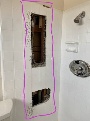 Paint tiles today get problems tomorrow - I was invited to the site to repair a hole in the wall. Upon examination, it was found that the tiles were painted. When removing the classic blue tape, it was removed along with the paint. I warned the customer that after a while the shower and bathroom would be out of sight as the paint would peel off. But the customer decided to make repairs. I had to carefully cut out the damaged tiles, install a hardbacker, waterproofed and installed the tiles. The tile was 1/8 the size of the installed one, so it had to be installed without seams. Paint tiles today get problems tomorrow - I was invited to the site to repair a hole in the wall. Upon examination, it was found that the tiles were painted. When removing the classic blue tape, it was removed along with the paint. I warned the customer that after a while the shower and bathroom would be out of sight as the paint would peel off. But the customer decided to make repairs. I had to carefully cut out the damaged tiles, install a hardbacker, waterproofed and installed the tiles. The tile was 1/8 the size of the installed one, so it had to be installed without seams.