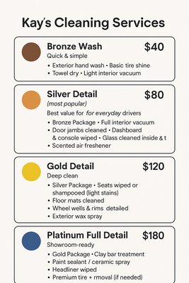 Pricing Charts - Why Choose Kay’s Cleaning Services?
We deliver fast, affordable, and eco-friendly mobile cleaning right to your doorstep — from garbage cans to driveways and vehicles. Our team is reliable, professional, and committed to making your space shine — without you lifting a finger! Pricing Charts - Why Choose Kay’s Cleaning Services?
We deliver fast, affordable, and eco-friendly mobile cleaning right to your doorstep — from garbage cans to driveways and vehicles. Our team is reliable, professional, and committed to making your space shine — without you lifting a finger!