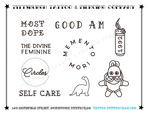 Mac Miller Pittsburgh Tattoo Designs - Stepping into September with some tattoo designs for Mac Miller Month.
 
All these designs are now available for walk-in (or you can make an appointment). 
Walk-ins are welcome every day starting at noon.
 
Prices start at $80.  Final price is dependent on size and placement. 
 
Hope to see yinz soon!
 
-PTC