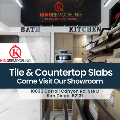 Explore Our San Diego Showroom - Discover premium tile and countertop slabs at King Remodeling's showroom. Visit us at 10035 Carroll Canyon Rd Ste D, San Diego, CA 92131, to explore a wide selection of materials and designs. Our experts are ready to assist you in bringing your remodeling vision to life!