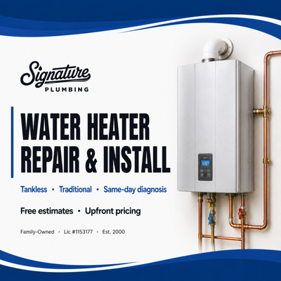 Water Heater Repair & Replacement — Tankless & Traditional, Same-Day Diagnosis (CSLB #1153177) - No hot water by Tuesday morning? A puddle under the heater? A pilot light that won't stay lit? We diagnose, repair, or replace — usually the same day — and we'll tell you straight whether yours needs to come out or just needs a $200 fix.
WHAT WE DO, EVERY DAY
• Tank water heater repair & replacement — gas and electric, 40 / 50 / 75 gallon
• Tankless water heater install, conversion, and service
• Hybrid heat-pump water heaters
• Thermostat, dip tube, anode rod, T&P valve, and burner assembly replacement
• Recirculation pump installs (no more waiting for hot water at the far bathroom)
• Expansion tank installs (now required by most California jurisdictions)
• Sediment flush and annual service to extend the life of an existing unit
• Code-compliant venting, gas line work, and seismic strapping
• Permit pulls + city inspection coordination — you don't have to chase anyone
HOW WE KEEP OUR PRICING HONEST
1. We diagnose first — many issues are repair-not-replace, and we'll say so even when the replacement sale is bigger.
2. If you need replacement, we present 2–3 options across budget, warranty, and efficiency tiers — no high-pressure "install today" tactics.
3. We pull the permit, handle the inspection, haul off the old unit, and leave the closet or garage cleaner than we found it.
4. Upfront, flat-rate pricing in writing before we start. Free estimates.
WHEN TO REPAIR VS. REPLACE
• Under 8 years old, single failed part → almost always repair.
• 10–12+ years old, multiple symptoms, rusty water, leaking tank → replace.
• Energy bills creeping up + slow recovery → conversion to tankless may pay back in 5–7 years for a household of 3+.
We'll walk you through the math, not the sales pitch.
WHY SIGNATURE
✓ Family-owned, established 2000 — 25 years of installs across the Sacramento region
✓ Licensed California plumbing contractor — CSLB #1153177
✓ Free in-home estimates · Upfront pricing · Satisfaction guarantee
✓ Same-day diagnosis on most water heater calls
✓ Service area: Lincoln, Roseville, Citrus Heights, Folsom, El Dorado Hills, Rocklin, Granite Bay, greater Sacramento
Tap "Request a Quote" with your make/model and a photo of the data plate if you have it. We'll come back with options inside one business day. For no-hot-water emergencies, call 916-223-7179 for same-day service. Water Heater Repair & Replacement — Tankless & Traditional, Same-Day Diagnosis (CSLB #1153177) - No hot water by Tuesday morning? A puddle under the heater? A pilot light that won't stay lit? We diagnose, repair, or replace — usually the same day — and we'll tell you straight whether yours needs to come out or just needs a $200 fix.
WHAT WE DO, EVERY DAY
• Tank water heater repair & replacement — gas and electric, 40 / 50 / 75 gallon
• Tankless water heater install, conversion, and service
• Hybrid heat-pump water heaters
• Thermostat, dip tube, anode rod, T&P valve, and burner assembly replacement
• Recirculation pump installs (no more waiting for hot water at the far bathroom)
• Expansion tank installs (now required by most California jurisdictions)
• Sediment flush and annual service to extend the life of an existing unit
• Code-compliant venting, gas line work, and seismic strapping
• Permit pulls + city inspection coordination — you don't have to chase anyone
HOW WE KEEP OUR PRICING HONEST
1. We diagnose first — many issues are repair-not-replace, and we'll say so even when the replacement sale is bigger.
2. If you need replacement, we present 2–3 options across budget, warranty, and efficiency tiers — no high-pressure "install today" tactics.
3. We pull the permit, handle the inspection, haul off the old unit, and leave the closet or garage cleaner than we found it.
4. Upfront, flat-rate pricing in writing before we start. Free estimates.
WHEN TO REPAIR VS. REPLACE
• Under 8 years old, single failed part → almost always repair.
• 10–12+ years old, multiple symptoms, rusty water, leaking tank → replace.
• Energy bills creeping up + slow recovery → conversion to tankless may pay back in 5–7 years for a household of 3+.
We'll walk you through the math, not the sales pitch.
WHY SIGNATURE
✓ Family-owned, established 2000 — 25 years of installs across the Sacramento region
✓ Licensed California plumbing contractor — CSLB #1153177
✓ Free in-home estimates · Upfront pricing · Satisfaction guarantee
✓ Same-day diagnosis on most water heater calls
✓ Service area: Lincoln, Roseville, Citrus Heights, Folsom, El Dorado Hills, Rocklin, Granite Bay, greater Sacramento
Tap "Request a Quote" with your make/model and a photo of the data plate if you have it. We'll come back with options inside one business day. For no-hot-water emergencies, call 916-223-7179 for same-day service.