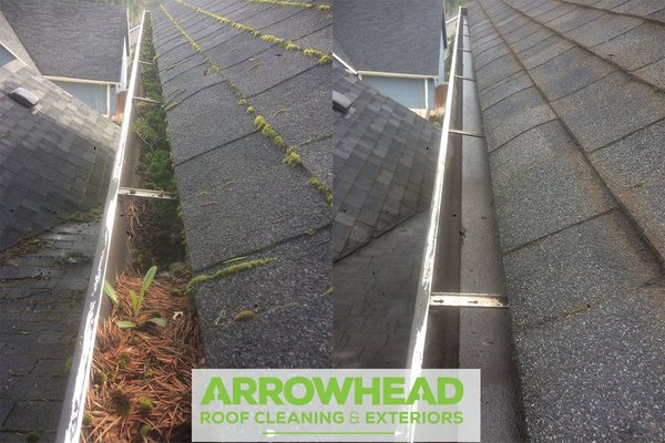Gutter Cleaning - Clogged gutters can cause thousands of dollars in damage to your home’s foundation, roof, exterior trim, crawlspace, basements, and more. It can also cause erosion of your yard and damage to your landscaping. That’s why Arrowhead Roof Cleaning & Exteriors does gutter cleaning. We recommend cleaning gutters and the surrounding area at least twice a year. The optimal time to have your gutters checked is during periods of heavy wind and rainfall, as this is the time when your gutters have the most use. Gutter Cleaning - Clogged gutters can cause thousands of dollars in damage to your home’s foundation, roof, exterior trim, crawlspace, basements, and more. It can also cause erosion of your yard and damage to your landscaping. That’s why Arrowhead Roof Cleaning & Exteriors does gutter cleaning. We recommend cleaning gutters and the surrounding area at least twice a year. The optimal time to have your gutters checked is during periods of heavy wind and rainfall, as this is the time when your gutters have the most use.