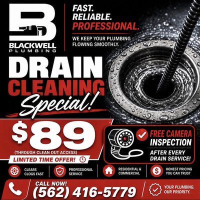 $89 Drain Cleaning Special - Clogged or leaky drains stressing you out? Call Blackwell Plumbing. We don't just provide a quick fix; our process is designed to deliver lasting solutions that improve your plumbing and overall performance. We fix your plumbing issues right and with code compliance. Call us anytime. We serve you in L.A.,Orange County, Garden Grove, Lakewood, Huntington Beach, Torrance, Downey, Mission Viejo and nearby areas.

Also, ask us about: plumber toilet repair, gas leak detection services, drain cleaning, emergency services, hot water heater repair, hydro-jetting, and sewer services.