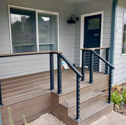 Front Porch Reno - This client has three decks being worked on, this is just the front! Pulled out old, replaced entire supporting structure, composite decking, and custom cable railings! Front Porch Reno - This client has three decks being worked on, this is just the front! Pulled out old, replaced entire supporting structure, composite decking, and custom cable railings!