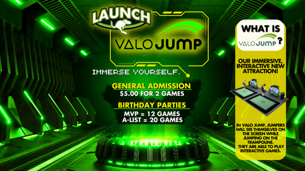 VALO INTERACTIVE JUMP - VALO IS A NEW INTERACTIVE WAY OF JUMPING AND PLAYING ARCADES AT THE SAME TIME. WITH THIS PROMOTION YOU WOULD RECIEVE A 60 MINUTE JUMP & 2 VALO INTERACTIVE JUMP SESSIONS TO USE THE SAME DAY. VALO INTERACTIVE JUMP - VALO IS A NEW INTERACTIVE WAY OF JUMPING AND PLAYING ARCADES AT THE SAME TIME. WITH THIS PROMOTION YOU WOULD RECIEVE A 60 MINUTE JUMP & 2 VALO INTERACTIVE JUMP SESSIONS TO USE THE SAME DAY.