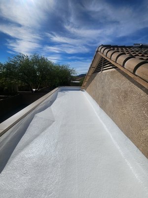 foam over back patio roof in anthem Arizona - this roof was done like this due to the roof before having bad leaks and ponding water and foamed no leaks or ponding water anymore foam over back patio roof in anthem Arizona - this roof was done like this due to the roof before having bad leaks and ponding water and foamed no leaks or ponding water anymore