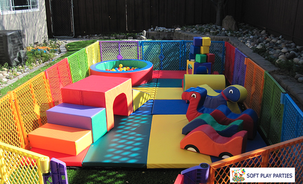 Party Fun: 4 hrs | $299 [Most Popular Setup 8x12ft area] - 8ft x 12ft soft play area, enclosed with baby safety gates
2 ride-ons (pick from soft play cars, nessie monsters, rocking horses or inflatable bouncy horses - subject to availability).
3ft diameter circle ball pit with pit balls
12 soft play blocks
steps to slide tunnel climber
mirror pentagon/cube
small 3 bump/infant climber