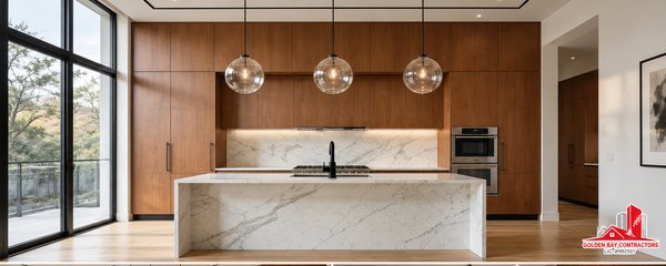 Modern Kitchen Remodel in Sonoma, CA - Explore this luxury kitchen remodel in Sonoma, CA, featuring custom wood cabinetry, elegant stone countertops and backsplash, a waterfall kitchen island, and modern pendant lighting. Expansive windows bring in natural light, creating a beautiful balance of contemporary design, functionality, and quality craftsmanship.
Planning your own kitchen remodel? Contact Golden Bay Contractors today to discuss your project and request an estimate! Modern Kitchen Remodel in Sonoma, CA - Explore this luxury kitchen remodel in Sonoma, CA, featuring custom wood cabinetry, elegant stone countertops and backsplash, a waterfall kitchen island, and modern pendant lighting. Expansive windows bring in natural light, creating a beautiful balance of contemporary design, functionality, and quality craftsmanship.
Planning your own kitchen remodel? Contact Golden Bay Contractors today to discuss your project and request an estimate!