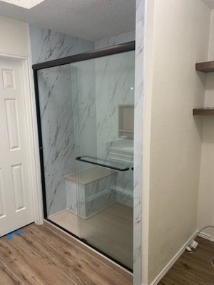Bathroom Remodel - removed wallpaper, textured, paint, and updated shower