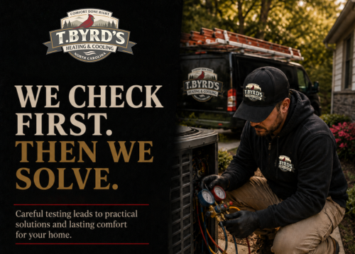 About T. Byrd's - ### About T. Byrd's Heating & Cooling - Raleigh
At T. Byrd's Heating & Cooling, we believe home comfort should be simple. When your heating or cooling system isn't working properly, you deserve honest answers, professional service, and technicians who take the time to do things right.
Our team proudly serves Raleigh, Wake Forest, Youngsville, Cary, Durham, and the surrounding communities with residential heating and cooling services designed around one simple philosophy:
**We don't guess, we test.**
Too often, HVAC companies rely on assumptions when diagnosing comfort problems. At T. Byrd's, we believe homeowners deserve better. That's why we use a test-first approach to evaluate system performance, identify root causes, and provide recommendations based on real data. Whether we're troubleshooting a repair, performing maintenance, improving indoor air quality, or helping you select a replacement system, our goal is to provide solutions you can trust.
Our services include:
• Heating and air conditioning repair
• Heat pump service and replacement
• Furnace service and installation
• Air conditioning installation and replacement
• Preventive maintenance and tune-ups
• Indoor air quality solutions
• Thermostats and controls
• Residential HVAC system upgrades
• Comfort and airflow evaluations
Every member of our team is committed to treating customers the way we'd want our own families treated. That means showing up on time, respecting your home, communicating clearly, and standing behind our work. We understand that inviting someone into your home requires trust, and we work hard to earn that trust on every visit.
T. Byrd's is a family-driven company built on values that have guided our organization since 1972. While our look may be modern, our approach remains rooted in old-fashioned service, accountability, and craftsmanship. We believe quality work still matters, details matter, and relationships matter.
Our commitment to homeowners can be summed up in three words:
**Clean. Quality. Comfort.**
Clean means respecting your home and leaving it better than we found it.
Quality means taking the time to diagnose problems correctly, perform repairs properly, and install equipment according to best practices.
Comfort means helping your family enjoy reliable heating and cooling through every season.
Whether you need a simple repair, seasonal maintenance, improved indoor air quality, or a complete system replacement, our team is here to help. We service all major brands and work hard to provide solutions that fit your home's needs and your budget.
At T. Byrd's Heating & Cooling, we know that comfort isn't just about temperature. It's about confidence—confidence that the work was done correctly, confidence that your system is operating safely and efficiently, and confidence that you have a team you can rely on when you need us.
Thank you for considering T. Byrd's Heating & Cooling. We look forward to serving you and showing you what Comfort Done Right really means. About T. Byrd's - ### About T. Byrd's Heating & Cooling - Raleigh
At T. Byrd's Heating & Cooling, we believe home comfort should be simple. When your heating or cooling system isn't working properly, you deserve honest answers, professional service, and technicians who take the time to do things right.
Our team proudly serves Raleigh, Wake Forest, Youngsville, Cary, Durham, and the surrounding communities with residential heating and cooling services designed around one simple philosophy:
**We don't guess, we test.**
Too often, HVAC companies rely on assumptions when diagnosing comfort problems. At T. Byrd's, we believe homeowners deserve better. That's why we use a test-first approach to evaluate system performance, identify root causes, and provide recommendations based on real data. Whether we're troubleshooting a repair, performing maintenance, improving indoor air quality, or helping you select a replacement system, our goal is to provide solutions you can trust.
Our services include:
• Heating and air conditioning repair
• Heat pump service and replacement
• Furnace service and installation
• Air conditioning installation and replacement
• Preventive maintenance and tune-ups
• Indoor air quality solutions
• Thermostats and controls
• Residential HVAC system upgrades
• Comfort and airflow evaluations
Every member of our team is committed to treating customers the way we'd want our own families treated. That means showing up on time, respecting your home, communicating clearly, and standing behind our work. We understand that inviting someone into your home requires trust, and we work hard to earn that trust on every visit.
T. Byrd's is a family-driven company built on values that have guided our organization since 1972. While our look may be modern, our approach remains rooted in old-fashioned service, accountability, and craftsmanship. We believe quality work still matters, details matter, and relationships matter.
Our commitment to homeowners can be summed up in three words:
**Clean. Quality. Comfort.**
Clean means respecting your home and leaving it better than we found it.
Quality means taking the time to diagnose problems correctly, perform repairs properly, and install equipment according to best practices.
Comfort means helping your family enjoy reliable heating and cooling through every season.
Whether you need a simple repair, seasonal maintenance, improved indoor air quality, or a complete system replacement, our team is here to help. We service all major brands and work hard to provide solutions that fit your home's needs and your budget.
At T. Byrd's Heating & Cooling, we know that comfort isn't just about temperature. It's about confidence—confidence that the work was done correctly, confidence that your system is operating safely and efficiently, and confidence that you have a team you can rely on when you need us.
Thank you for considering T. Byrd's Heating & Cooling. We look forward to serving you and showing you what Comfort Done Right really means.