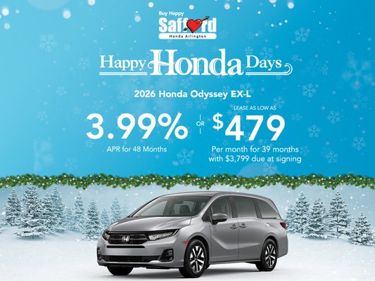 Safford Honda Arlington – Happy Honda Days Specials - Celebrate Happy Honda Days at Safford Honda Arlington with new 2025–2026 Honda offers on favorites like Odyssey, Passport, Accord, Ridgeline, HR-V, and CR-V. These photos showcase our holiday finance and lease specials plus our Buy Happy experience—friendly staff, transparent pricing, and a huge selection ready for your test drive.