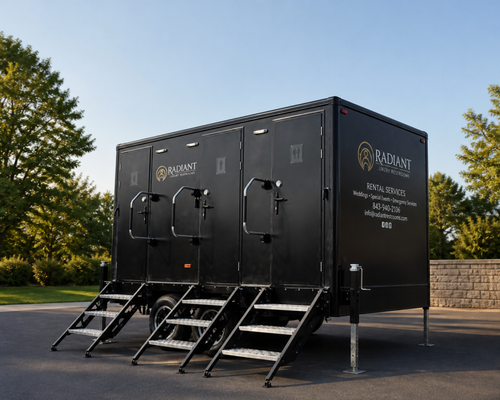 3-Stall Luxury Restroom Trailer - Our 3-stall luxury restroom trailer offers the perfect balance of capacity and elegance for medium-sized events. It features three identical, fully private, locking restroom rooms inside one beautifully finished black trailer. This layout allows guests to move quickly and comfortably while maintaining a premium restroom experience.
Each private stall includes a flushing toilet, sink with running water, mirror, interior lighting, and climate control. The trailer is labeled for men, women, and unisex use for easy guest flow. As with all of our rentals, it comes fully stocked with high-end paper products, craft soaps, lotions, and reed diffusers. Generator service, water filling, delivery, setup, and pickup are always included.
Ideal for events with approximately 80–150 guests. 3-Stall Luxury Restroom Trailer - Our 3-stall luxury restroom trailer offers the perfect balance of capacity and elegance for medium-sized events. It features three identical, fully private, locking restroom rooms inside one beautifully finished black trailer. This layout allows guests to move quickly and comfortably while maintaining a premium restroom experience.
Each private stall includes a flushing toilet, sink with running water, mirror, interior lighting, and climate control. The trailer is labeled for men, women, and unisex use for easy guest flow. As with all of our rentals, it comes fully stocked with high-end paper products, craft soaps, lotions, and reed diffusers. Generator service, water filling, delivery, setup, and pickup are always included.
Ideal for events with approximately 80–150 guests.