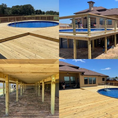 Pool deck Project - This pool deck was installed around the customers existing pool and up to back of home with pressure treated severe weather pine. Pool deck Project - This pool deck was installed around the customers existing pool and up to back of home with pressure treated severe weather pine.