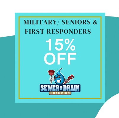 Military/senior/first responders discount - This is our commitment at Sewer & Drain Champion to give back to our community and express our deep gratitude for all those who have served or are currently serving to protect our country. Whether you are a senior, a first responder, or someone who selflessly prioritizes others before yourself, we salute you. We understand that plumbing emergencies can happen unexpectedly, so we are here to serve you whenever you need us, day or night. Just give us a call, and we will be there to help lighten the load. Military/senior/first responders discount - This is our commitment at Sewer & Drain Champion to give back to our community and express our deep gratitude for all those who have served or are currently serving to protect our country. Whether you are a senior, a first responder, or someone who selflessly prioritizes others before yourself, we salute you. We understand that plumbing emergencies can happen unexpectedly, so we are here to serve you whenever you need us, day or night. Just give us a call, and we will be there to help lighten the load.