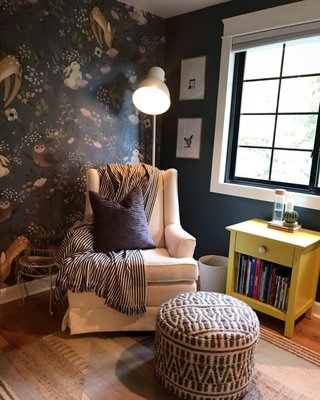 Woodland Creature Nursery - This family needed a nursery for their first child but didn't want to change the decor as their family grew. We needed to design this nursery to last for multiple kids and both genders.
Scope of design work; flooring, paint/wallpaper, furniture, decor, wall art.