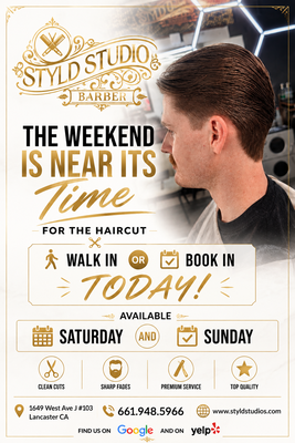 our digital fliers - **Walk In or Book in Today**
offers premium haircuts, fades, beard grooming, and modern styling in a clean and professional environment. Stop by for a walk-in or reserve your appointment online for a personalized grooming experience in Lancaster. our digital fliers - **Walk In or Book in Today**
offers premium haircuts, fades, beard grooming, and modern styling in a clean and professional environment. Stop by for a walk-in or reserve your appointment online for a personalized grooming experience in Lancaster.