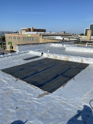 Rubber Roof - Repair area on roof that was leaking with a modified rubber torch down system ￼