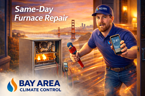 Same Day Furnace Repair - No heat? We’ve got you.
Bay Area Climate Control offers Same Day Furnace Repair (whenever possible) to get your home warm and comfortable again - fast.
Our licensed technicians can diagnose and repair most furnace issues on the spot, and we always aim for same-day service whenever scheduling and parts availability allow.
What you can expect:
• Fast, reliable furnace repair
• Free diagnostics with any completed repair
• Honest recommendations and upfront pricing
• Fully stocked service vehicles for quicker fixes
• Friendly, local technicians you can trust
Whether your furnace is blowing cold air, short cycling, making noise, or not turning on at all, we’re ready to help.
Call Bay Area Climate Control today - get your heat back as quickly as possible! Same Day Furnace Repair - No heat? We’ve got you.
Bay Area Climate Control offers Same Day Furnace Repair (whenever possible) to get your home warm and comfortable again - fast.
Our licensed technicians can diagnose and repair most furnace issues on the spot, and we always aim for same-day service whenever scheduling and parts availability allow.
What you can expect:
• Fast, reliable furnace repair
• Free diagnostics with any completed repair
• Honest recommendations and upfront pricing
• Fully stocked service vehicles for quicker fixes
• Friendly, local technicians you can trust
Whether your furnace is blowing cold air, short cycling, making noise, or not turning on at all, we’re ready to help.
Call Bay Area Climate Control today - get your heat back as quickly as possible!