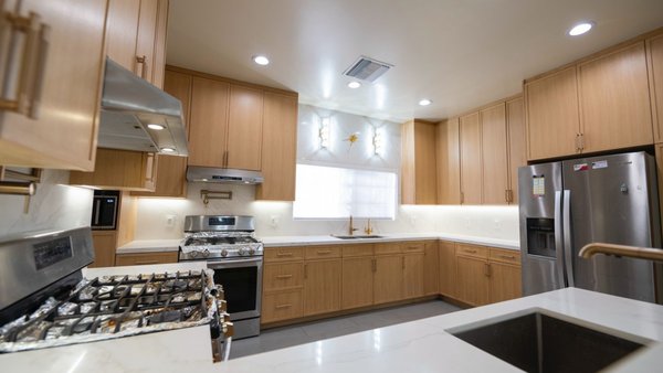 Modern Kitchen transformation! - See what’s possible when smart design meets quality craftsmanship — another beautiful kitchen renovation by Tulip Remodeling! This full gut and remodel included demolition of the old layout, custom cabinetry for maximum storage, quartz countertops, dual stove installations, built-in appliances, and high-end finishes like marble backsplash and under-cabinet lighting.
