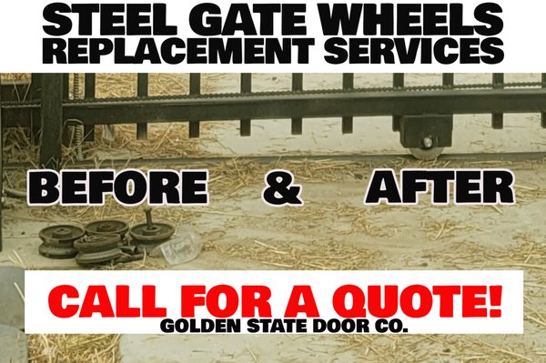 Steel Gate Wheel Replacement - Are your gate wheels going or are out? Call us for a quote to replace your gate's wheels with high quality steel chrome wheels with sealed bearings. Steel Gate Wheel Replacement - Are your gate wheels going or are out? Call us for a quote to replace your gate's wheels with high quality steel chrome wheels with sealed bearings.