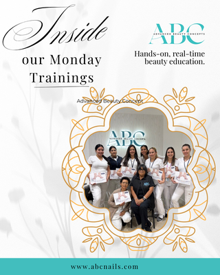 Your Beauty Partner in Florida - At Advanced Beauty Concepts, we are proud to be your trusted beauty partner in Florida! We specialize in providing high-quality salon and spa supplies for professionals and students. Our wide selection includes everything from nail products, spa essentials, salon furniture, skincare, makeup, hair care, and styling tools to exclusive professional nail polish lines and accessories.
In addition to top-tier products, we are also a training center with licensed and certified professionals, offering hands-on education for beauty industry specialists looking to expand their skills and grow their careers.
For your convenience, we also offer fast shipping through our online store, where you can browse and shop everything we carry from the comfort of your salon or home.
At ABC, our mission is to empower beauty professionals with the tools, training, and support they need to succeed. Whether you’re stocking up your salon or learning new techniques, we’re here to help you shine. Your Beauty Partner in Florida - At Advanced Beauty Concepts, we are proud to be your trusted beauty partner in Florida! We specialize in providing high-quality salon and spa supplies for professionals and students. Our wide selection includes everything from nail products, spa essentials, salon furniture, skincare, makeup, hair care, and styling tools to exclusive professional nail polish lines and accessories.
In addition to top-tier products, we are also a training center with licensed and certified professionals, offering hands-on education for beauty industry specialists looking to expand their skills and grow their careers.
For your convenience, we also offer fast shipping through our online store, where you can browse and shop everything we carry from the comfort of your salon or home.
At ABC, our mission is to empower beauty professionals with the tools, training, and support they need to succeed. Whether you’re stocking up your salon or learning new techniques, we’re here to help you shine.