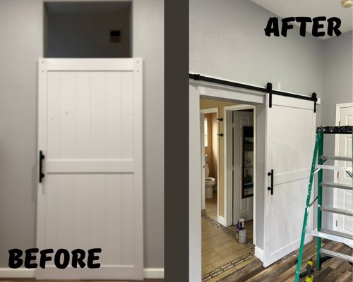 Barn Door Installation - Hi there! Please have a look at our new project. Our handymen firstly covered the hole upside of the door frame and then installed the barn door.