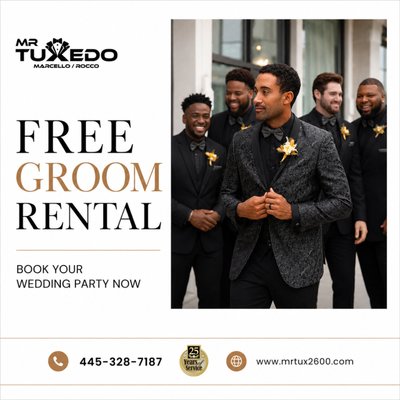 Grooms Tuxedo is Free! - Grooms Suit is free with 5 or more bridal party guy's Grooms Tuxedo is Free! - Grooms Suit is free with 5 or more bridal party guy's