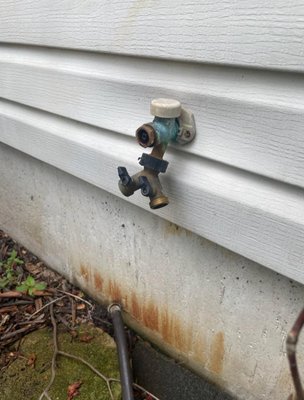 Faucet upgrade - This client called us for a leaky pipe that was flooding her basement. The culprit turned out to be this outdated faucet. A quick change out for a new faucet & the leak was resolved!