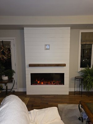 Barrie Shiplap fireplace - We tore iut and removed and old broken electric fireplace and replaced it with this stunningly beautiful built in electric fireplace. We went floor to ceiling with mitred corners for a clean look. We also utilized the mantle as a drawer for remotes, etc. Barrie Shiplap fireplace - We tore iut and removed and old broken electric fireplace and replaced it with this stunningly beautiful built in electric fireplace. We went floor to ceiling with mitred corners for a clean look. We also utilized the mantle as a drawer for remotes, etc.