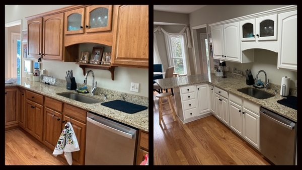 Kitchen Cabinet Painting 12/24 - This image highlights a kitchen transformation by Wilder Painting, LLC. In this project, we removed the doors and drawers to spray them off-site, minimizing disruption for the homeowners. Using a bonding primer and KCMA-approved (Kitchen Cabinet Manufacturers Association) coatings ensures a smooth, durable finish, making our process one of the most reliable on the market. The natural wood cabinets were transformed into a fresh, bright white, significantly enhancing the kitchen's overall appearance.