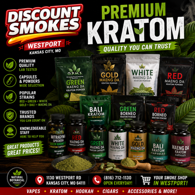Premium Kratom Collection - Discover one of the largest selections of premium kratom products at Discount Smokes in Westport, Kansas City. We carry trusted brands in capsules and powders, including popular varieties such as Red, Green, White, Gold, Bali, Maeng Da, and more. Whether you're looking for everyday favorites or exploring new options, our knowledgeable team is here to help. We pride ourselves on offering quality products, competitive prices, and excellent customer service in a clean, welcoming store. Visit Discount Smokes to browse our extensive kratom selection and experience why customers throughout Kansas City choose us for their smoke shop and botanical product needs.