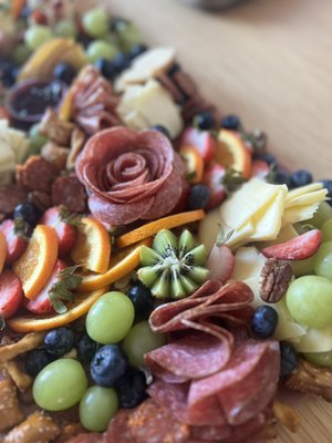 Wellness Retreat Spread - This charcuterie spread showcased a variety of hard and aged cheeses including aged Gouda, butterkase, cheddar, havarti. Meats included Italian salami and German sausage.