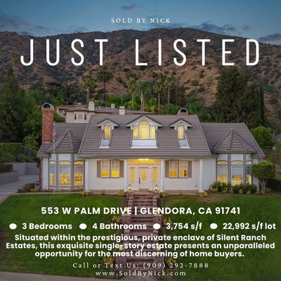 Silent Ranch Estate Listing - JUST LISTED // GLENDORA
553 W Palm Drive // $2,180,000
3 Beds, 4 Baths | 3,754 s/f, 22,992 s/f lot
Situated within the prestigious, private enclave of Silent Ranch Estates, this exquisite single-story estate presents an unparalleled opportunity for the most discerning of home buyers.
(Click Link in Profile)
https://tinyurl.com/553WPalmD
Are you looking to get your home sold too?
Let us help you next.
Your Home’s Value Instantly: HomeValueByNick.com
RE/MAX Masters Dre 01398872 Office Dre 01064901
#SoldByNick #Glendora #RealEstate #LuxuryHome #JustListed #ForSale #OpenHouse #CaliforniaLiving #DreamHome #YourNextHome #PoolHome Silent Ranch Estate Listing - JUST LISTED // GLENDORA
553 W Palm Drive // $2,180,000
3 Beds, 4 Baths | 3,754 s/f, 22,992 s/f lot
Situated within the prestigious, private enclave of Silent Ranch Estates, this exquisite single-story estate presents an unparalleled opportunity for the most discerning of home buyers.
(Click Link in Profile)
https://tinyurl.com/553WPalmD
Are you looking to get your home sold too?
Let us help you next.
Your Home’s Value Instantly: HomeValueByNick.com
RE/MAX Masters Dre 01398872 Office Dre 01064901
#SoldByNick #Glendora #RealEstate #LuxuryHome #JustListed #ForSale #OpenHouse #CaliforniaLiving #DreamHome #YourNextHome #PoolHome
