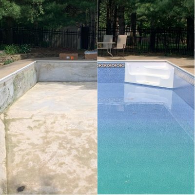 Pool Liner! - A new liner was installed in this pool. Old pool liner was in rough shape. Customers picked out this beautiful liner that looks amazing in their pool. Job took less than a day! Pool Liner! - A new liner was installed in this pool. Old pool liner was in rough shape. Customers picked out this beautiful liner that looks amazing in their pool. Job took less than a day!