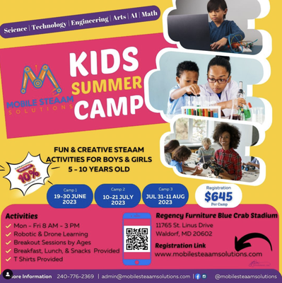 Summer Camp 2023 - Camp Session One (Introduction to Drones & Robotics)
Register Today! your child(ren) ages 5 - 10 Yrs. Old. Early registration and multiple children discount(s) available. Two Week Session, breakfast, lunch, and snacks are included.
8 AM-3 PM
Regency Furniture Blue Crab Stadium Summer Camp 2023 - Camp Session One (Introduction to Drones & Robotics)
Register Today! your child(ren) ages 5 - 10 Yrs. Old. Early registration and multiple children discount(s) available. Two Week Session, breakfast, lunch, and snacks are included.
8 AM-3 PM
Regency Furniture Blue Crab Stadium