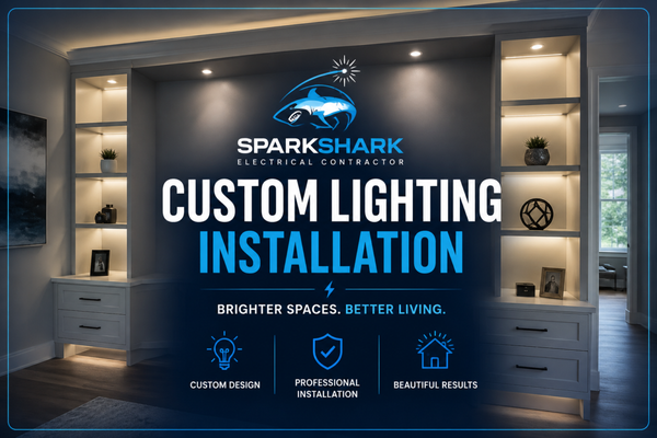 Custom Lighting Installation & Upgrades - The owners had just finished building out this room and wanted the lighting done right.
We put accent lights in each cubby of the built-in shelving and ran the wiring through the cabinets so none of it shows. The great room ceiling is two stories up with wood beams, so the recessed lights between the beams took some ladder work.
There's also a big copper horse piece above the fireplace they wanted lit up, so we added accent lighting for that too. Whole room is on dimmers. We kept the floors covered while we worked and did a walkthrough with the owners before we left. Custom Lighting Installation & Upgrades - The owners had just finished building out this room and wanted the lighting done right.
We put accent lights in each cubby of the built-in shelving and ran the wiring through the cabinets so none of it shows. The great room ceiling is two stories up with wood beams, so the recessed lights between the beams took some ladder work.
There's also a big copper horse piece above the fireplace they wanted lit up, so we added accent lighting for that too. Whole room is on dimmers. We kept the floors covered while we worked and did a walkthrough with the owners before we left.
