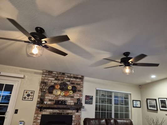Light Fixture and Ceiling Fan Replacements - Our client here hired us to replace 4 fixtures in his home; One 4 foot incandescent in his laundry and another in his kitchen. We replaced the old fixtures with new low profiled LED lights that have a lumens/color adjustment switch to balance the ambience of the room. Given that our client needed more lighting for their laundry and kitchen, we adjust it to the brightest setting. We also replaced 2 ceiling fans with new ones. These new fans no longer contain the old fan/light on-off chain feature rather it is now both controlled individually via remote control. Light Fixture and Ceiling Fan Replacements - Our client here hired us to replace 4 fixtures in his home; One 4 foot incandescent in his laundry and another in his kitchen. We replaced the old fixtures with new low profiled LED lights that have a lumens/color adjustment switch to balance the ambience of the room. Given that our client needed more lighting for their laundry and kitchen, we adjust it to the brightest setting. We also replaced 2 ceiling fans with new ones. These new fans no longer contain the old fan/light on-off chain feature rather it is now both controlled individually via remote control.