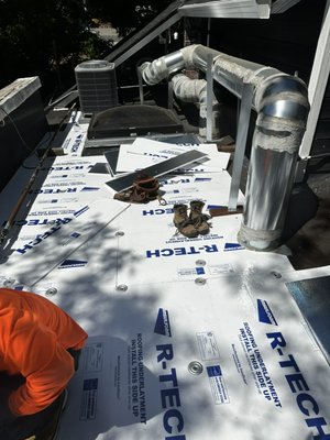 Flat roofing - This was a full reroof over an existing torch down roof. I installed a half inch fan fold insulation mechanically fastened with a 60 mil 30 year white TPO cool roof membrane. Mechanically fastened, and all seams were heat, welded, and probed. Flat roofing - This was a full reroof over an existing torch down roof. I installed a half inch fan fold insulation mechanically fastened with a 60 mil 30 year white TPO cool roof membrane. Mechanically fastened, and all seams were heat, welded, and probed.