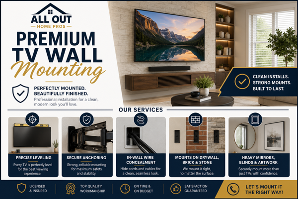 Premium TV Wall Mounting - Expert mounting solutions for every space:
Precise leveling and secure anchoring
In-wall wire concealment for a clean look
Mounts on drywall, brick, and stone
Hanging heavy mirrors, blinds, and artwork
Professional, clean installations for a polished finish in your home. Premium TV Wall Mounting - Expert mounting solutions for every space:
Precise leveling and secure anchoring
In-wall wire concealment for a clean look
Mounts on drywall, brick, and stone
Hanging heavy mirrors, blinds, and artwork
Professional, clean installations for a polished finish in your home.