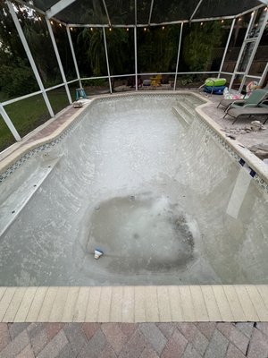 Acid wash pool - This pool had a skimmer replaced and a crack repaired. During this time we did an acid wash of the pool. There were some heavy stains due to chemicals used over the years and they were all cleaned up during the acid wash.  Acid wash pool - This pool had a skimmer replaced and a crack repaired. During this time we did an acid wash of the pool. There were some heavy stains due to chemicals used over the years and they were all cleaned up during the acid wash. 