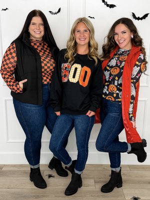 Halloween Collection: Spooky Season Styles - Get ready for spooky season with the Halloween collection at the Avery Mae Boutique. From ghost and pumpkin graphic tees to cozy Halloween sweatshirts, festive orange and black styles, and fun looks the whole family can wear, we have playful pieces to help you celebrate all month long. Everything comes in size-inclusive regular and curvy sizes, with select styles available in kids' sizes so littles can match too. Shop the full collection any time at AveryMae.com or on our mobile app, where we go Live almost every day with real try-ons and models of every size. We ship nationwide, and local pickup is available by appointment in Freeland. Stock moves fast during fall launch season, so grab your Halloween favorites before they sell out.