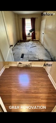 Timeless Foundations Floor Remodel - We transformed this home by replacing its 20-year-old flooring with beautiful, durable wood floors. The project involved expertly leveling the uneven subfloor to ensure a flawless finish and long-lasting stability. The new wood flooring instantly refreshed the space, providing a modern, inviting look and adding both value and comfort underfoot.