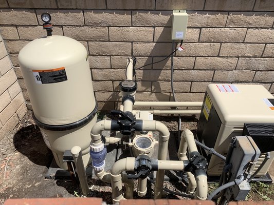 Complete equipment set replacement. - This customer lurches this home with old; inefficient, and outdated pool equipment.  The heater did not work and parts were no longer available.   They opted to replace the complete set with new plumbing and smooth operating valves.  They also added a new salt water. Heroine generator where mine was before.