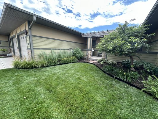 Garden bed pruning & edging - Pruned tree, cut back plants, and installed edging. Garden bed pruning & edging - Pruned tree, cut back plants, and installed edging.