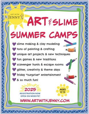 Art Summer Camps - Art With Jenny offers the funnest summer camps for kids! Registration is now LIVE! What to expect? New, Unique Art Projects! Lots of SLIME making! Crafting! Model Magic & Clay! Cardboard Construction! Camp Games! New, Fun Traditions! Escape Rooms! Scavenger Hunts! Creativity! Kindness! Amazing Counselors! Surprises! Prizes! Theme Days! The days go by quickly at Art With Jenny summer camps, because we’re having so much fun! Sign your kids up today! Art Summer Camps - Art With Jenny offers the funnest summer camps for kids! Registration is now LIVE! What to expect? New, Unique Art Projects! Lots of SLIME making! Crafting! Model Magic & Clay! Cardboard Construction! Camp Games! New, Fun Traditions! Escape Rooms! Scavenger Hunts! Creativity! Kindness! Amazing Counselors! Surprises! Prizes! Theme Days! The days go by quickly at Art With Jenny summer camps, because we’re having so much fun! Sign your kids up today!