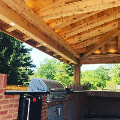Outdoor Lighting & Patio Installation - Outdoor patio cookout area installed with lighting and outlets. Outdoor Lighting & Patio Installation - Outdoor patio cookout area installed with lighting and outlets.