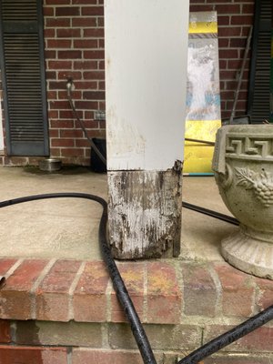 Porch column repair - Four porch column bases were rotten after 30 years. The rot was cut out, and the bases were replaced with colonial style trim to match the home. Easy project that made a huge difference. Porch column repair - Four porch column bases were rotten after 30 years. The rot was cut out, and the bases were replaced with colonial style trim to match the home. Easy project that made a huge difference.