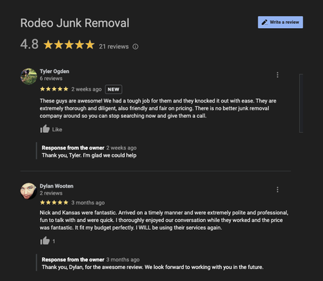 Check out our testimonials! - Welcome to Rodeo Junk Removal, where we turn your junk into a thing of the past with the grace and precision of a seasoned rodeo cowboy!

At Rodeo Junk Removal, we understand that dealing with unwanted clutter can feel like wrangling a wild bull. That’s why we’re here to lasso up your junk and take it off your hands, leaving you with a clean and clutter-free space to enjoy.

With our team of skilled professionals, no junk pile is too daunting. Whether it’s old furniture, appliances, electronics, or just a heap of miscellaneous items, we’ve got the tools and expertise to tackle it all. And just like a skilled rodeo rider, we handle each job with finesse, ensuring a smooth and hassle-free experience for our customers.

But we’re not just in the business of removing junk; we’re also committed to sustainability and giving back to our community. That’s why we prioritize eco-friendly disposal methods, recycling and donating items whenever possible to reduce waste and minimize our environmental impact.

So, if you’re ready to say goodbye to clutter and hello to a cleaner, more organized space, saddle up with Rodeo Junk Removal! Let us show you why we’re the top choice for junk removal services in town. Give us a call today to schedule your appointment, and let the rodeo begin!
